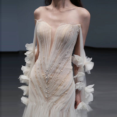 White Mermaid Tulle Pleats Pearls Wedding Dress