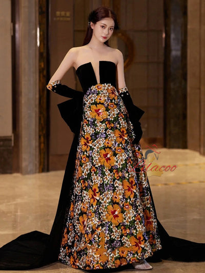 Sexy Sequins Black Velvet Strapless Prom Dress