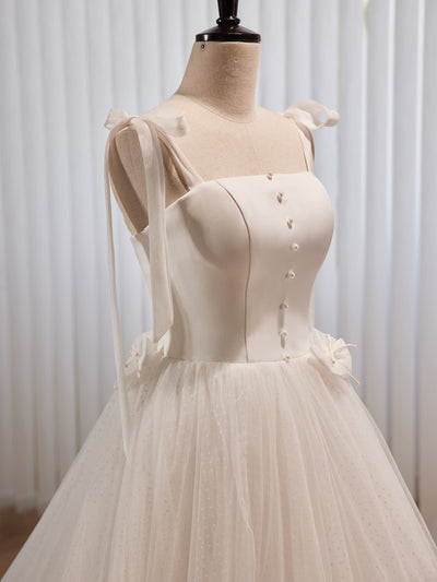 White Tulle Spaghetti Straps Pearls Bow Wedding Dress