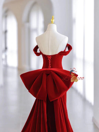 Burgundy Velvet Off the Shoulder Crystal Prom Dress