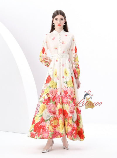 Retro Stand-up Printed Long Dress