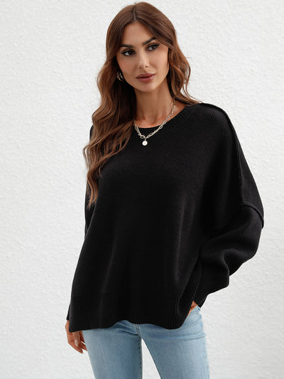 Round Neck Knitted Loose Split Pullover Sweater