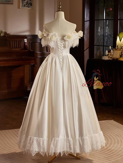 White Satin Lace Flower Wedding Dress