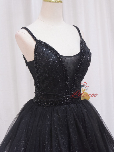 Black Tulle Sequins Straps Beading Homecoming Dress