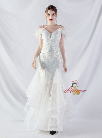 Mermaid Tulle Sequins Spaghetti Straps Prom Dress