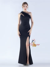 One Shoulder Split Feather Prom Dress