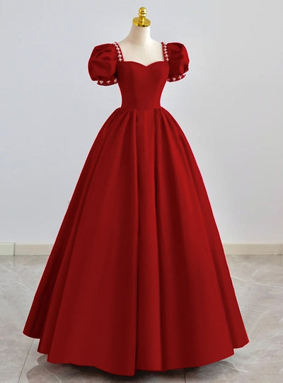 Black Square Neck Puff Sleeve Beading Prom Dress