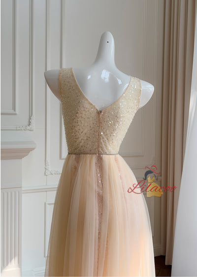 Champagne Suquins Tulle Prom Dress