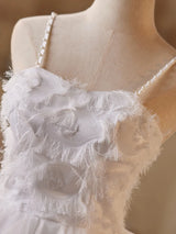 White Tulle Spaghetti Straps Pearls Short Dress