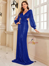 Long Sleeve V-neck Sequins Prom Dress