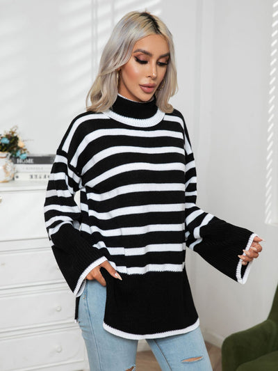 Striped Side Split Medium and Long Sweater