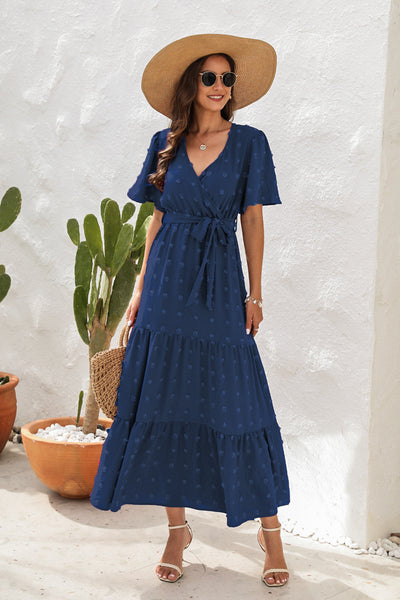 V-neck High Waist Short Sleeve Long Dress