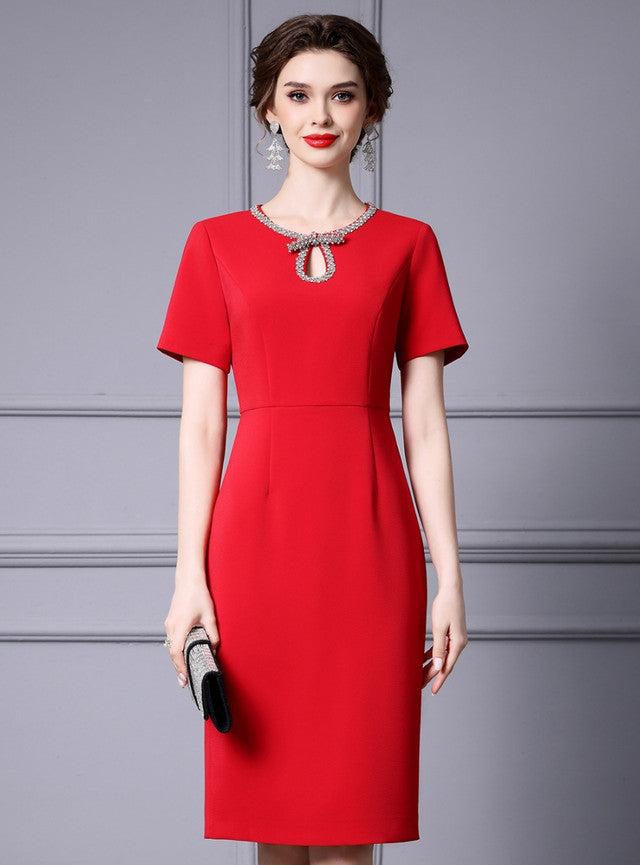 Red Short Sleeve Beading Mother Of The Bride Dress
