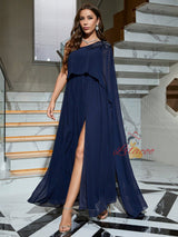 Navy Blue Chiffon One Shoulder Prom Dress