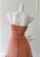 Orange Pink Tulle Pleats Straps Prom Dress