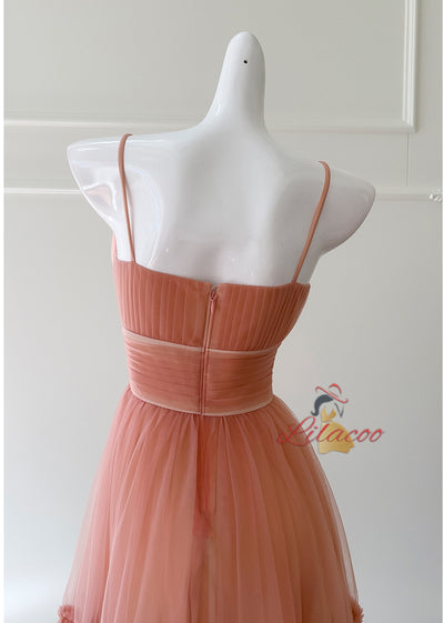 Orange Pink Tulle Pleats Straps Prom Dress