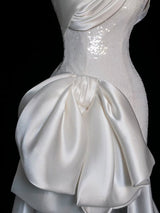 White Sheath Sequins Satin Wedding Dress