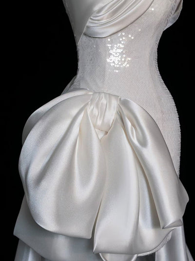White Sheath Sequins Satin Wedding Dress