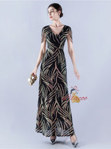 V-neck Sequins Cap Sleeve Beading Sequins Prom Dress