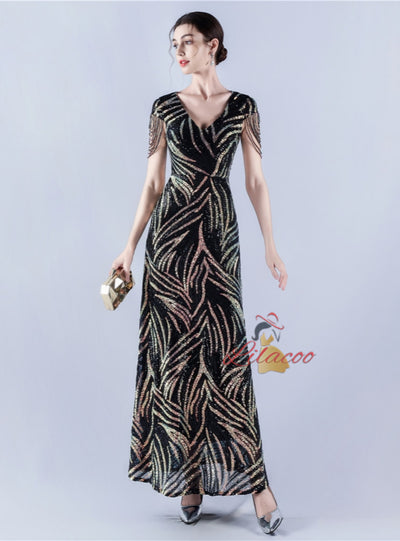 V-neck Sequins Cap Sleeve Beading Sequins Prom Dress