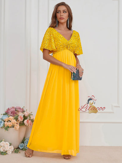 V-neck Sequined Chiffon Dress