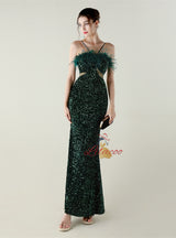 Black Sequins Spaghetti Straps Feather Prom Dress