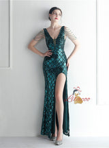 V-neck Sequins Beading Prom Dress