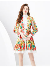 Lantern Long Sleeve Breasted Printed Ruffled Dress