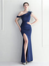 Navy Blue One Shoulder Split Prom Dress