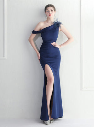 Navy Blue One Shoulder Split Prom Dress