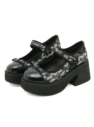 Waterproof Flower Lace Stitching Thick Heel Shoes