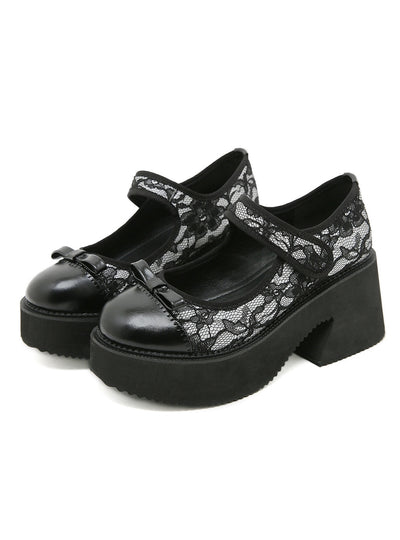 Waterproof Flower Lace Stitching Thick Heel Shoes