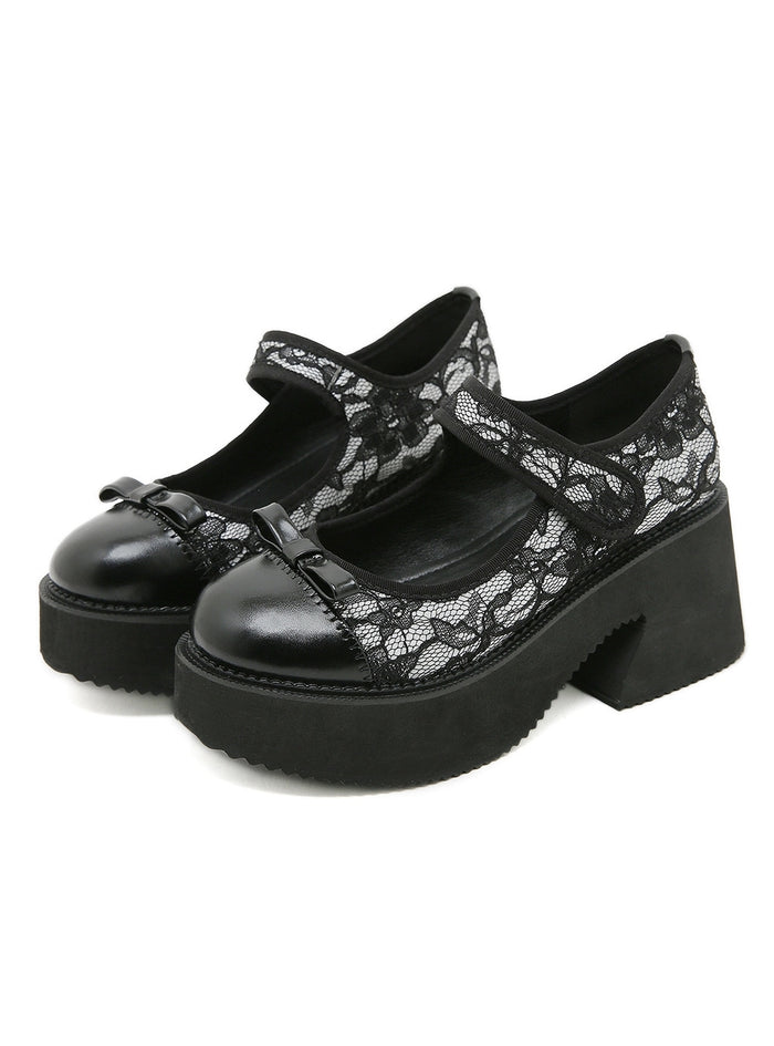 Waterproof Flower Lace Stitching Thick Heel Shoes