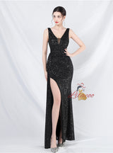 V-neck Sequins Split Prom Dress