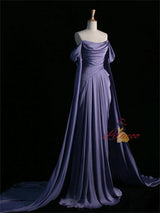A-Line Purple Off the Shoulder Pleats Prom Dress