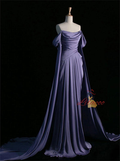 A-Line Purple Off the Shoulder Pleats Prom Dress