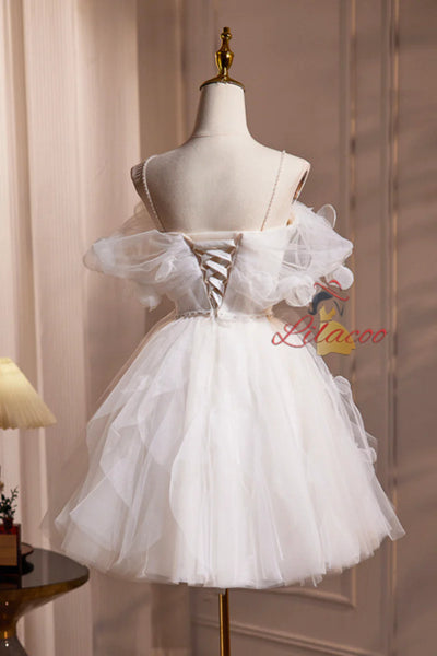 White Spaghetti Strap Tulle 3D Flower Homecoming Dress