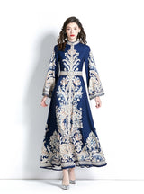 Retro Printed Round Neck Flared Sleeve Dress