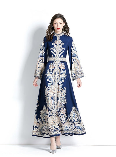 Retro Printed Round Neck Flared Sleeve Dress