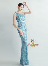 Women One Shoulder Sequins Split Prom Dress