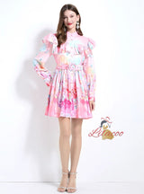 Retro Lantern Sleeve Printed Dress
