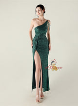 One Shoulder Mermaid Split Sequins Prom Dress
