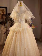 Champagne Tulle V-neck Beading Wedding Dress