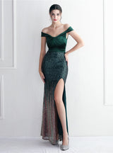 Velvet Sequins Off the Shoulder Prom Dress