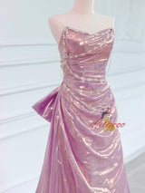 Pink Strapless Pleats Beading Bow Prom Dress