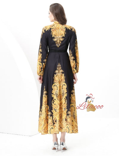 Printed Puff Sleeve Button Long Dress