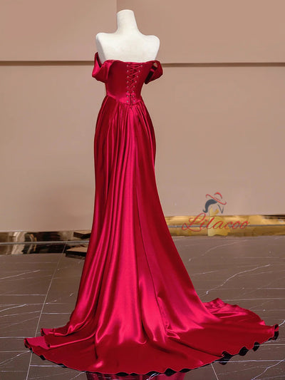 Burgundy Satin Off the Shoulder Pleats Prom Dress