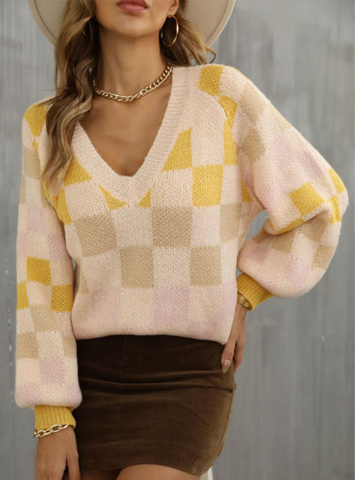 V-neck Check Contrast Pullover Sweater