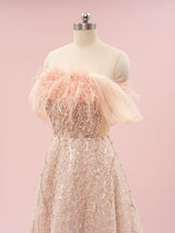 Champagne Tulle Sequins Beading Feather Prom Dress