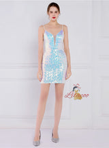 Gold Sequins Spaghetti Straps Short Prom Dress